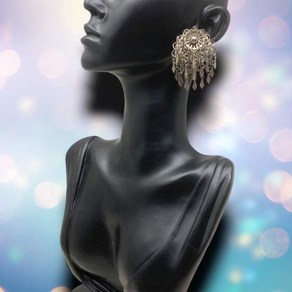 Vintage 1960s Oversized Silver Kinetic Cluster Clip On Earrings Couture Runway - Picture 3 of 5